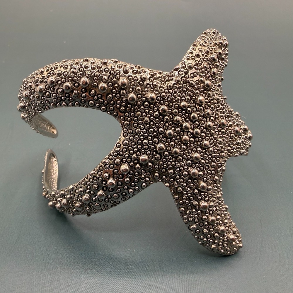 Silver Tone Starfish Cuff Bracelet Textured Coastal Beach Statement Boho Gift